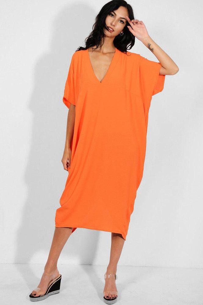 Orange V-Neck Lazy Fit Midaxi Dress-SinglePrice