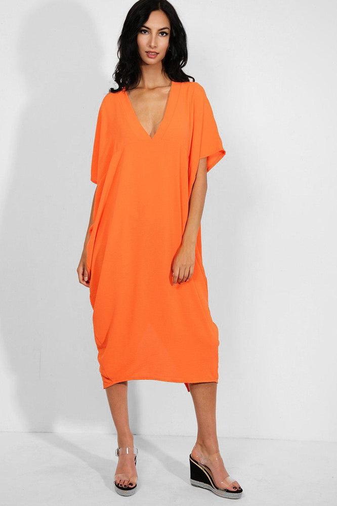 Orange V-Neck Lazy Fit Midaxi Dress-SinglePrice