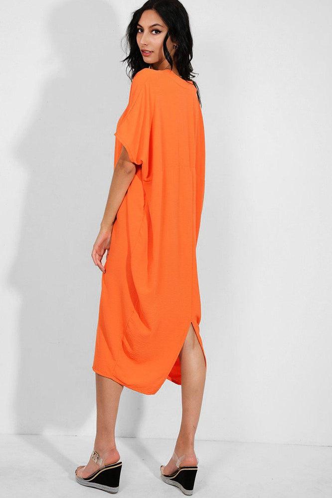 Orange V-Neck Lazy Fit Midaxi Dress-SinglePrice
