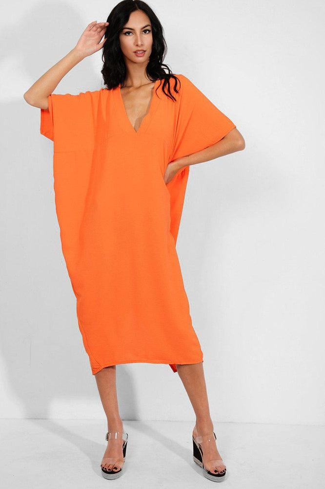 Orange V-Neck Lazy Fit Midaxi Dress-SinglePrice