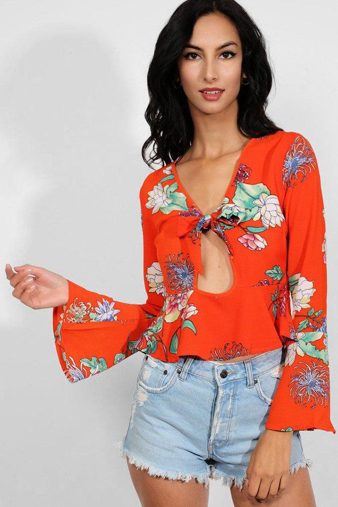 Deep Coral Floral Print Peek-a-Boo Flute Sleeves Blouse-SinglePrice