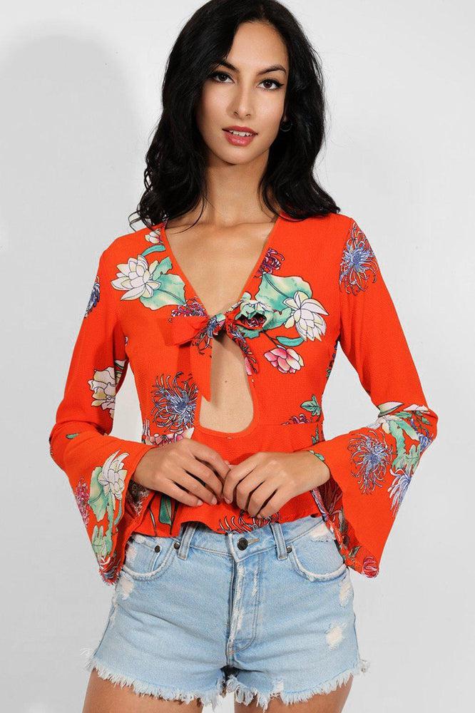 Deep Coral Floral Print Peek-a-Boo Flute Sleeves Blouse-SinglePrice