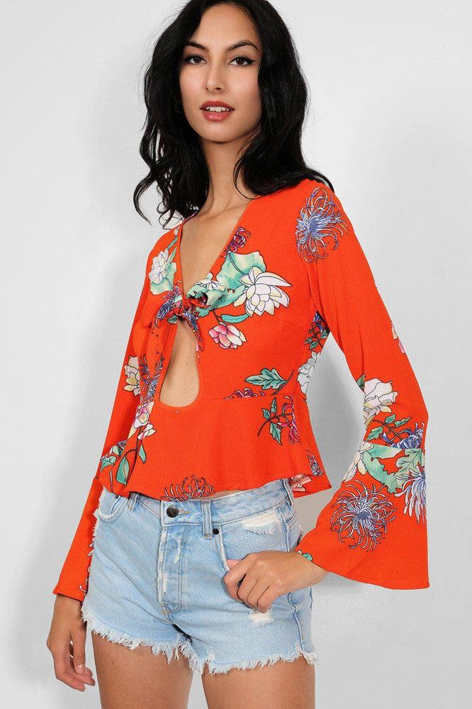 Deep Coral Floral Print Peek-a-Boo Flute Sleeves Blouse-SinglePrice