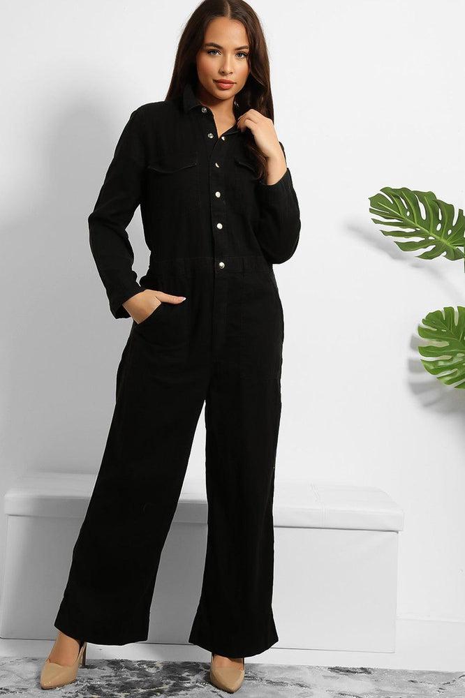 Black Denim Silver Hardware Wide Leg Boiler Jumpsuit-SinglePrice