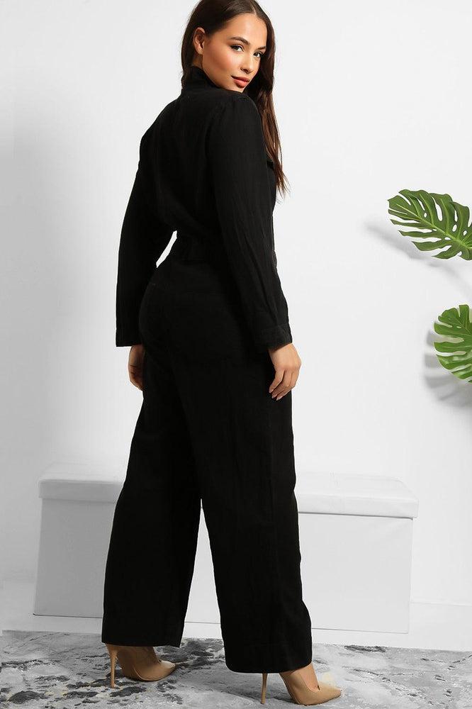 Black Denim Silver Hardware Wide Leg Boiler Jumpsuit-SinglePrice