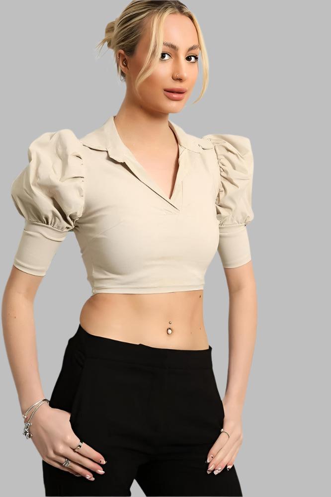 Puff Sleeves Cropped Top-SinglePrice