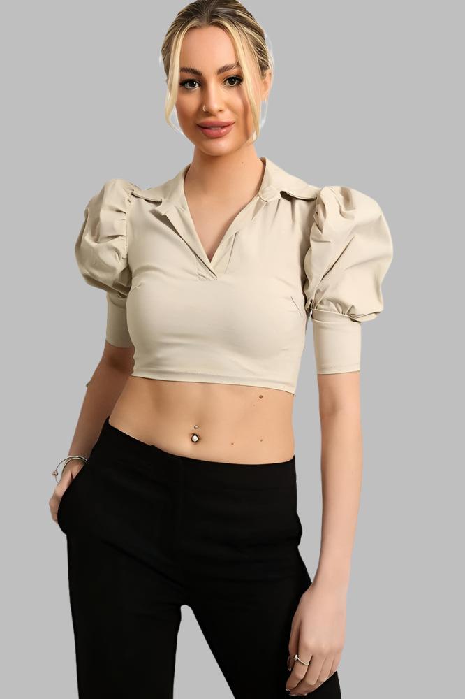 Puff Sleeves Cropped Top-SinglePrice