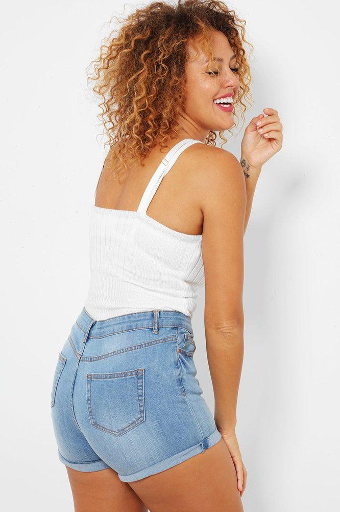 Rolled Up Hem Light Blue Denim Shorts-SinglePrice