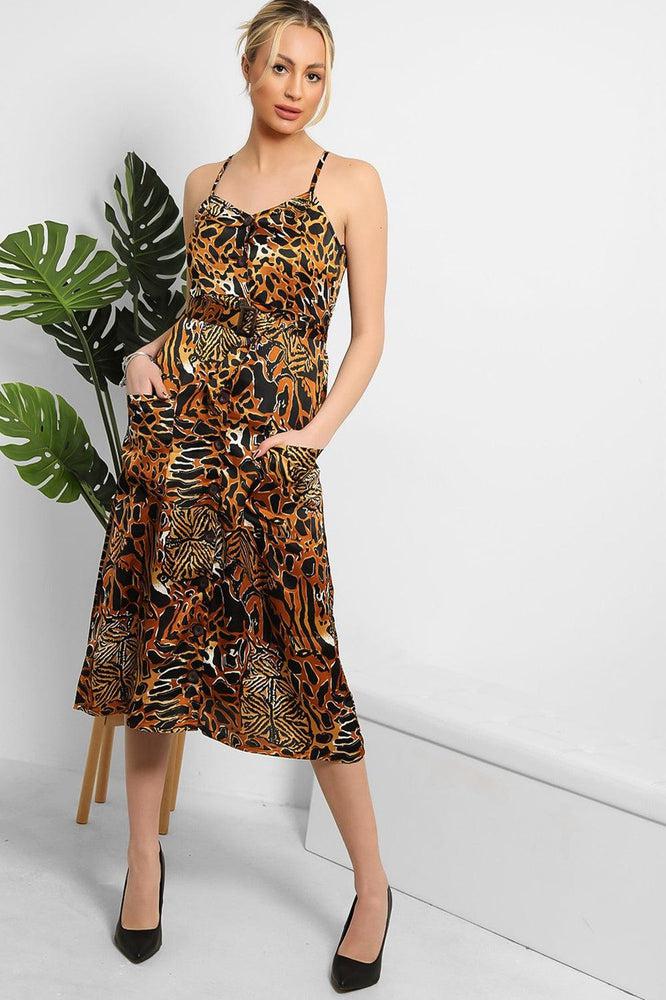 Black Brown Mixed Animal Print Satin Cami Dress-SinglePrice