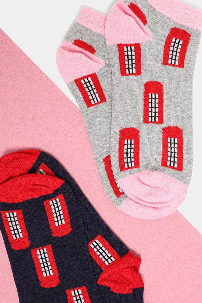 Pink Grey Red Navy Phone Booths Ladies Pack Of 2 Socks-SinglePrice