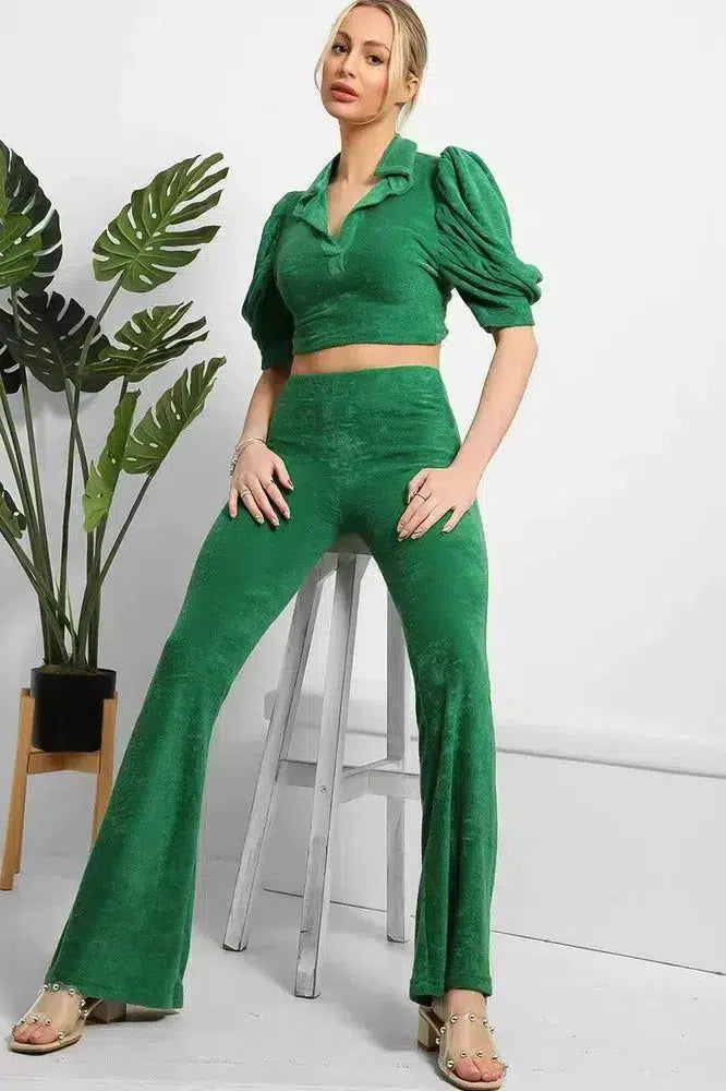 Soft Teddy Crop Top And Wide Kick Flare Trousers Set-SinglePrice
