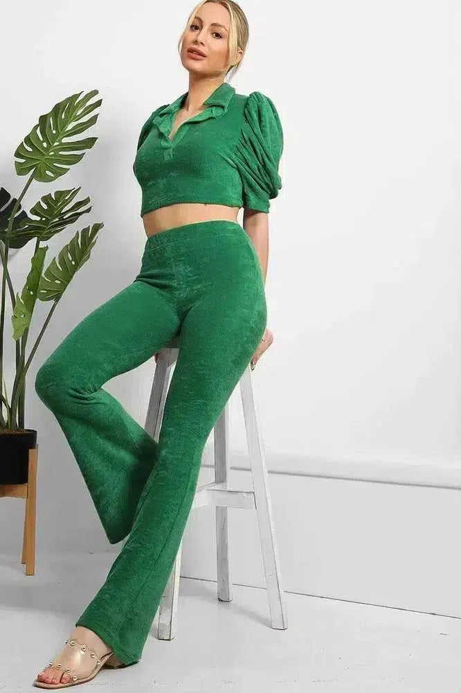 Soft Teddy Crop Top And Wide Kick Flare Trousers Set-SinglePrice