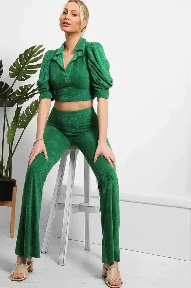 Soft Teddy Crop Top And Wide Kick Flare Trousers Set-SinglePrice