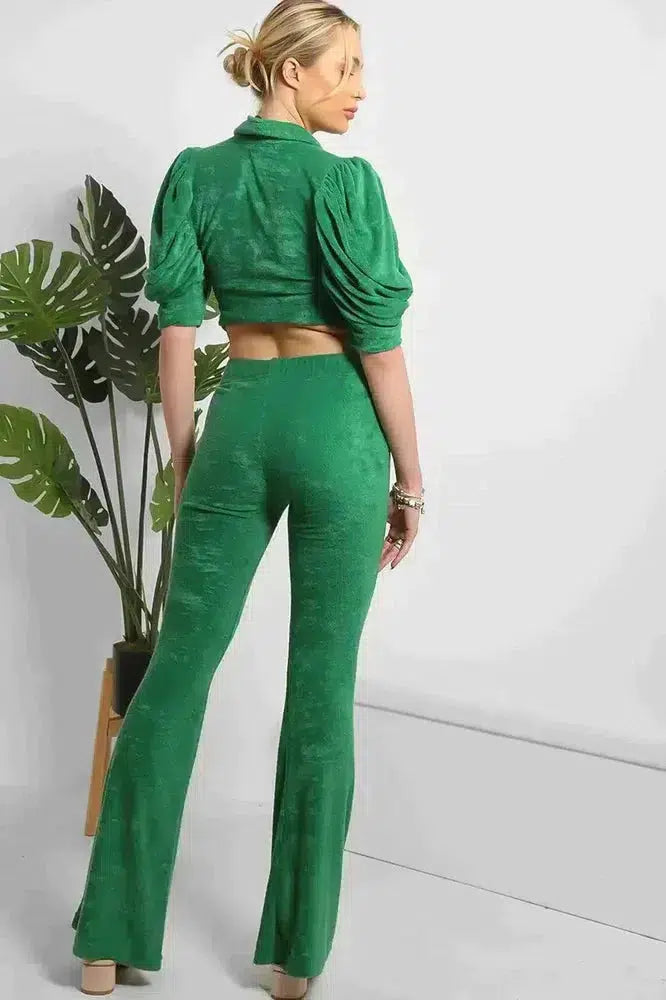 Soft Teddy Crop Top And Wide Kick Flare Trousers Set-SinglePrice