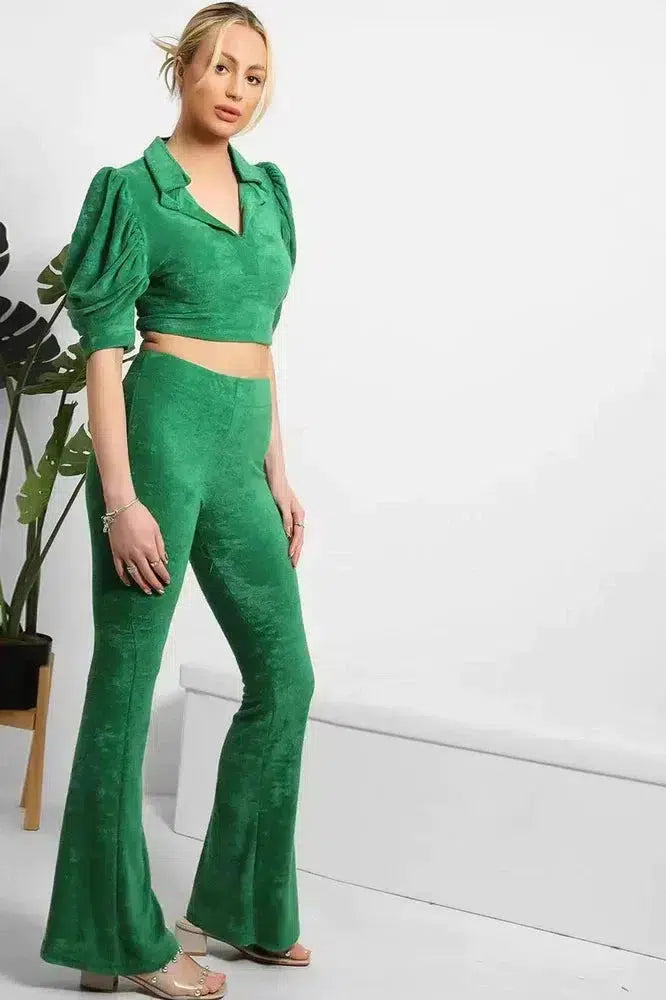 Soft Teddy Crop Top And Wide Kick Flare Trousers Set-SinglePrice