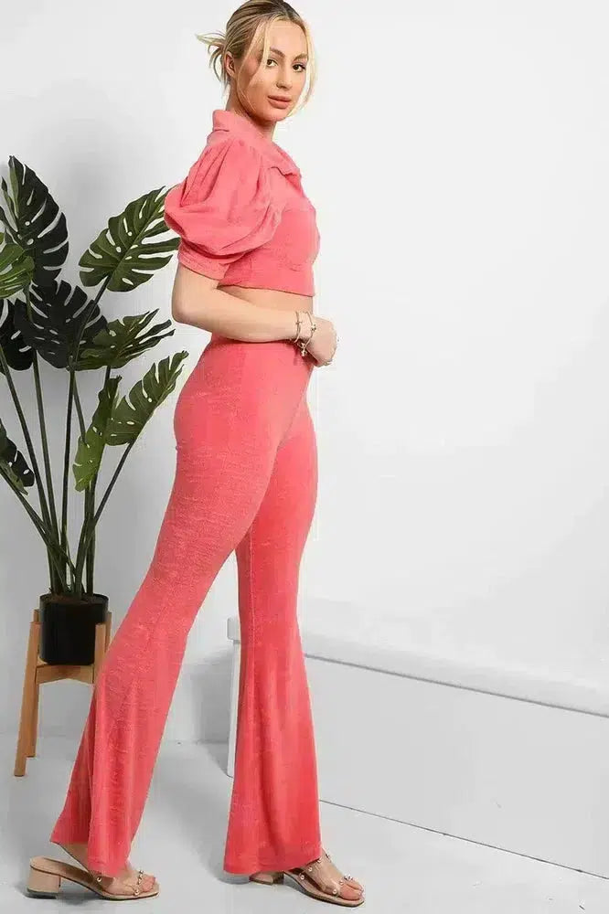 Soft Teddy Crop Top And Wide Kick Flare Trousers Set-SinglePrice