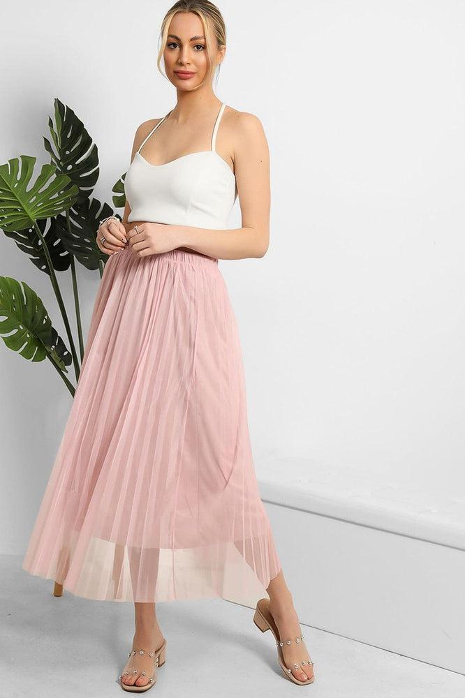 Pleated Tulle Net Midi Skirt-SinglePrice