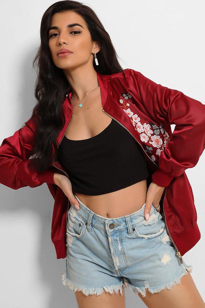 Wine Floral And Butterfly Embroidery Bomber Jacket-SinglePrice