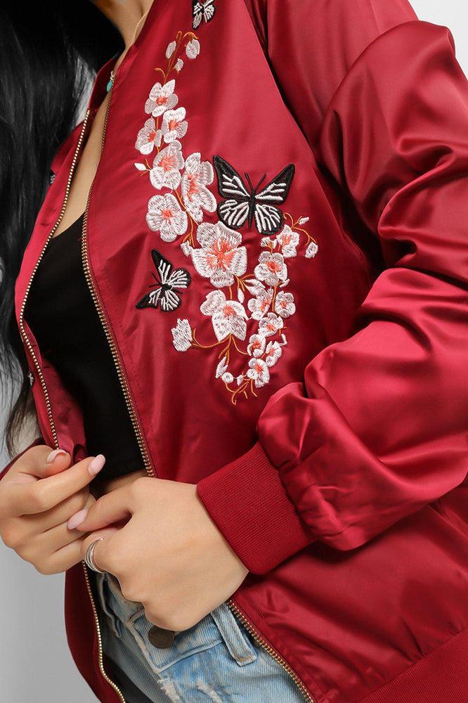 Wine Floral And Butterfly Embroidery Bomber Jacket-SinglePrice