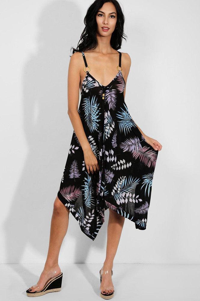 Blue Lilac Leaves Print Asymmetric Hem Slinky Dress-SinglePrice