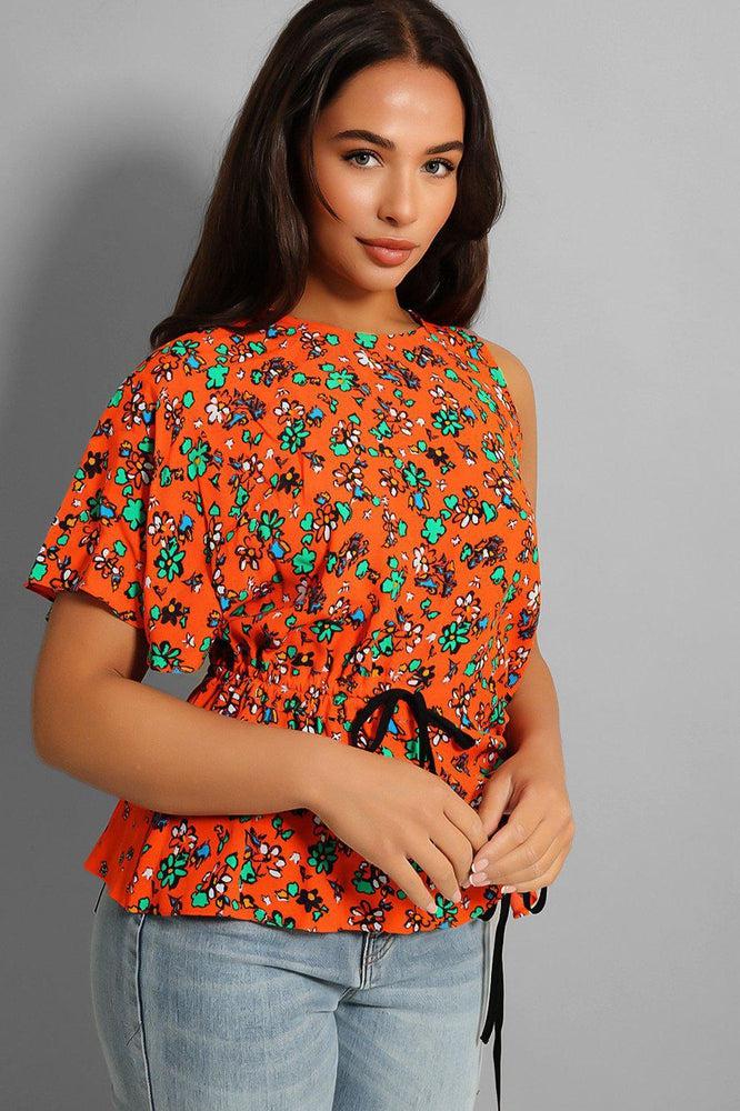 Orange Floral Asymmetric Drawstring Blouse-SinglePrice