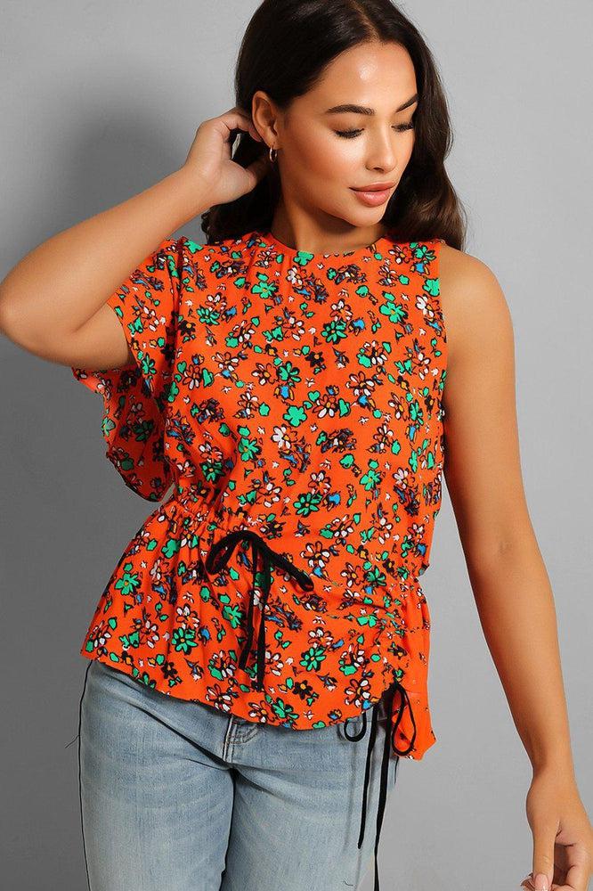 Orange Floral Asymmetric Drawstring Blouse-SinglePrice