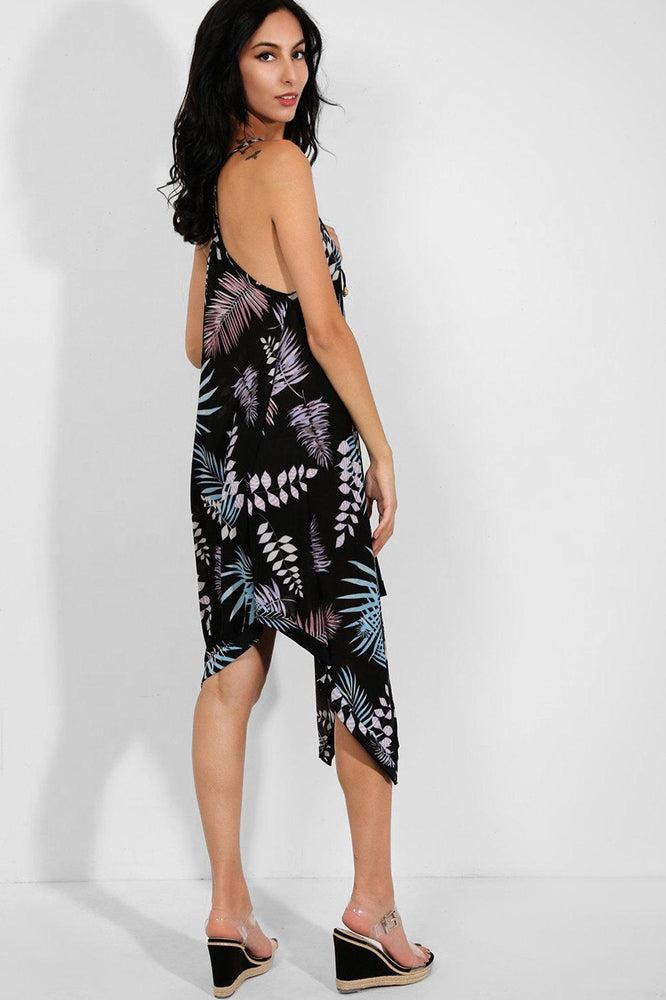 Blue Lilac Leaves Print Asymmetric Hem Slinky Dress-SinglePrice