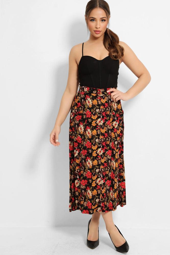 Back Small Floral Print Buttoned Front Summer Midi Skirt-SinglePrice