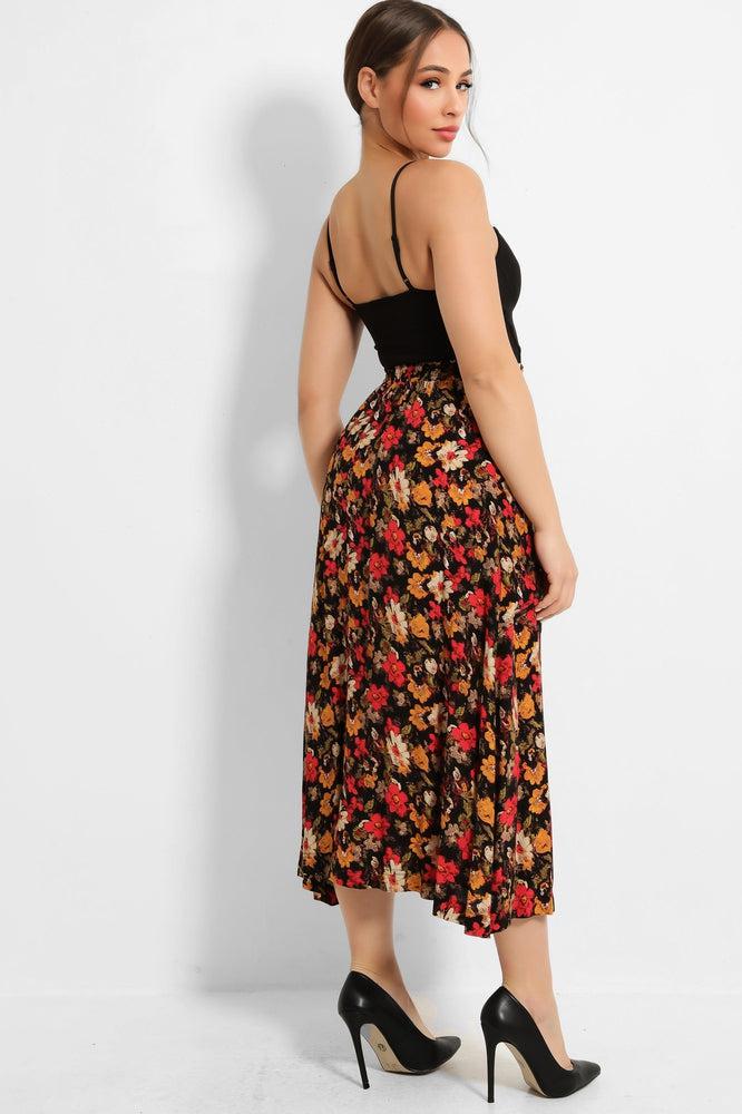 Back Small Floral Print Buttoned Front Summer Midi Skirt-SinglePrice
