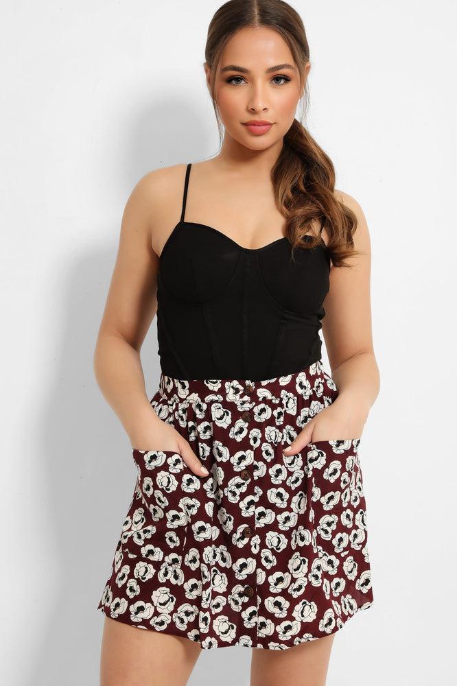 Burgundy Poppy Floral Print Pocketed Skirt-SinglePrice