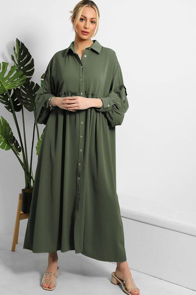 Frilled Details Modest Shirt Dress-SinglePrice