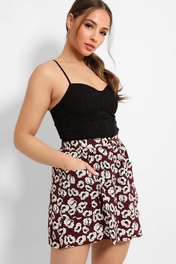 Burgundy Poppy Floral Print Pocketed Skirt-SinglePrice