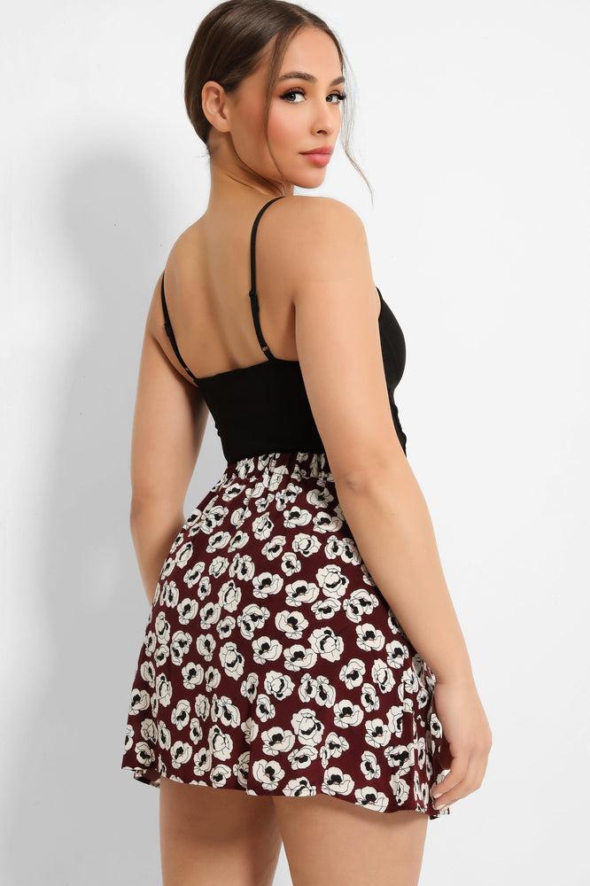 Burgundy Poppy Floral Print Pocketed Skirt-SinglePrice