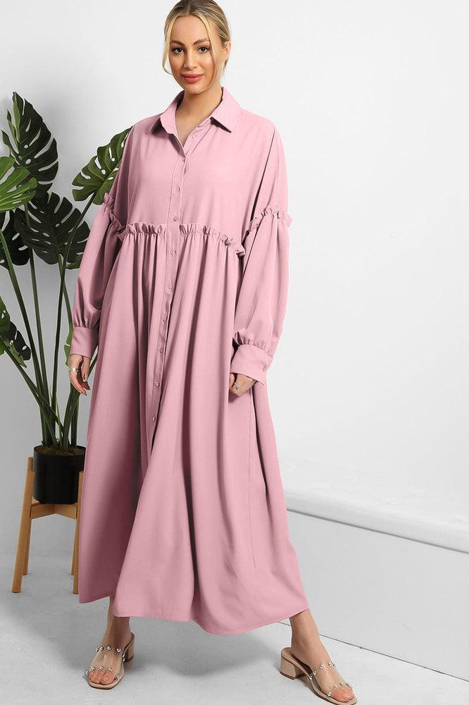 Frilled Details Modest Shirt Dress-SinglePrice