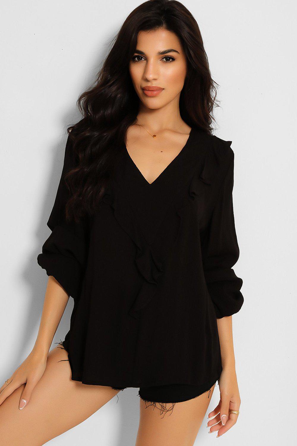 Black V Frill Crepe Chiffon Blouse-SinglePrice