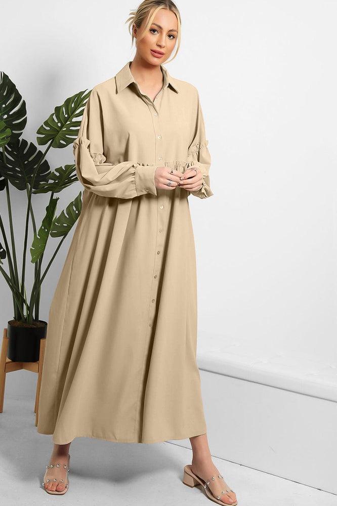 Frilled Details Modest Shirt Dress-SinglePrice