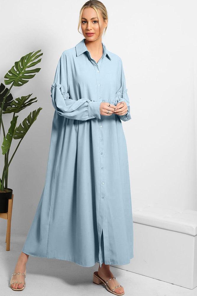 Frilled Details Modest Shirt Dress-SinglePrice