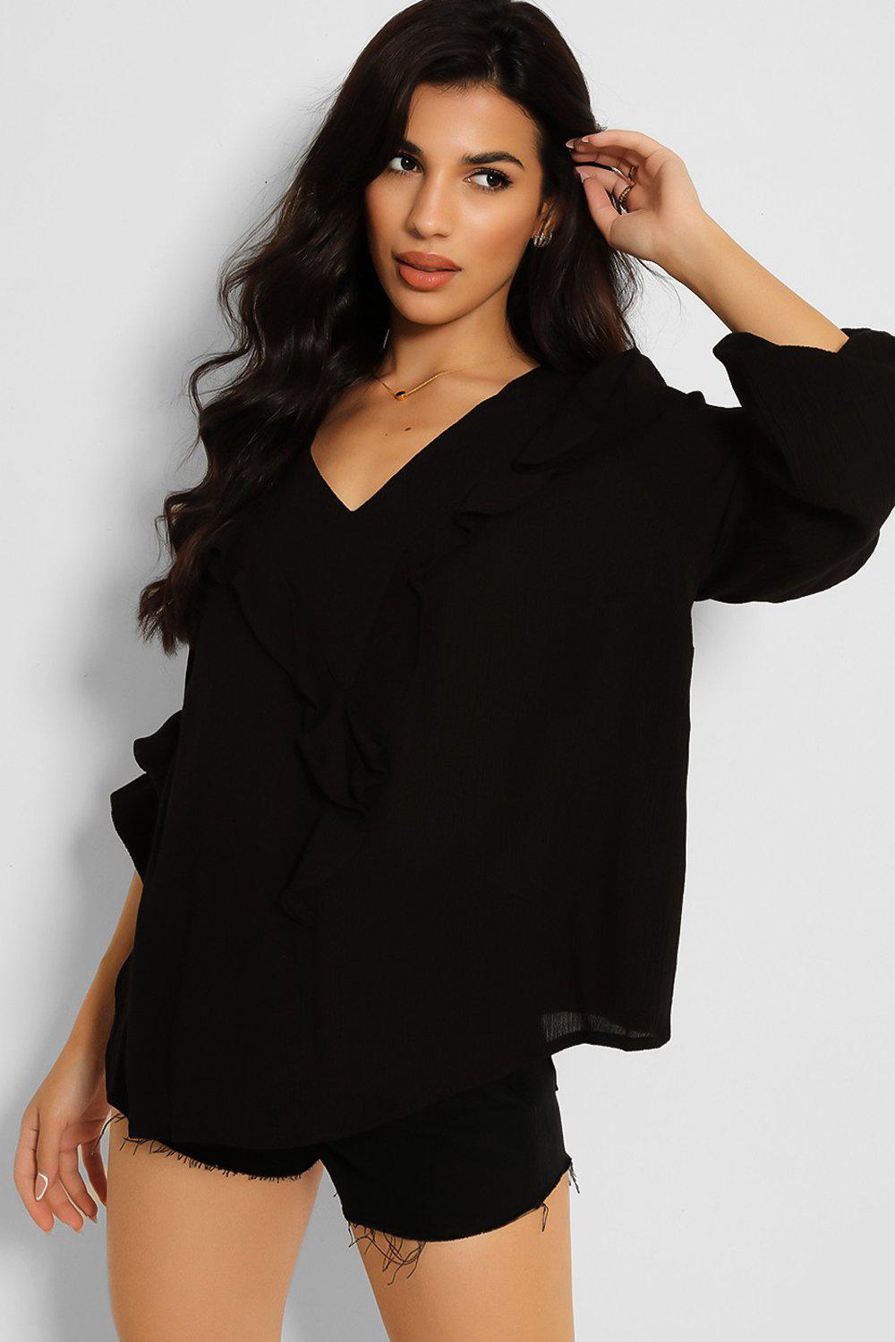 Black V Frill Crepe Chiffon Blouse-SinglePrice