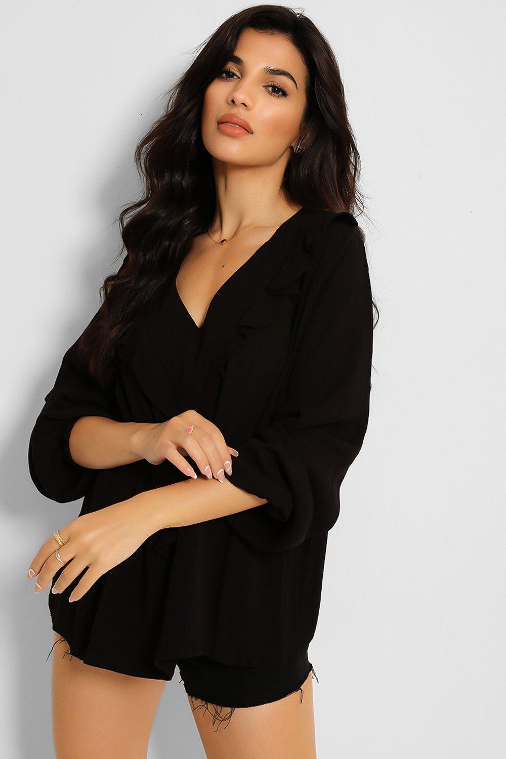 Black V Frill Crepe Chiffon Blouse-SinglePrice
