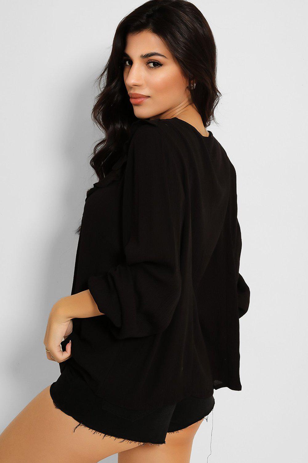 Black V Frill Crepe Chiffon Blouse-SinglePrice