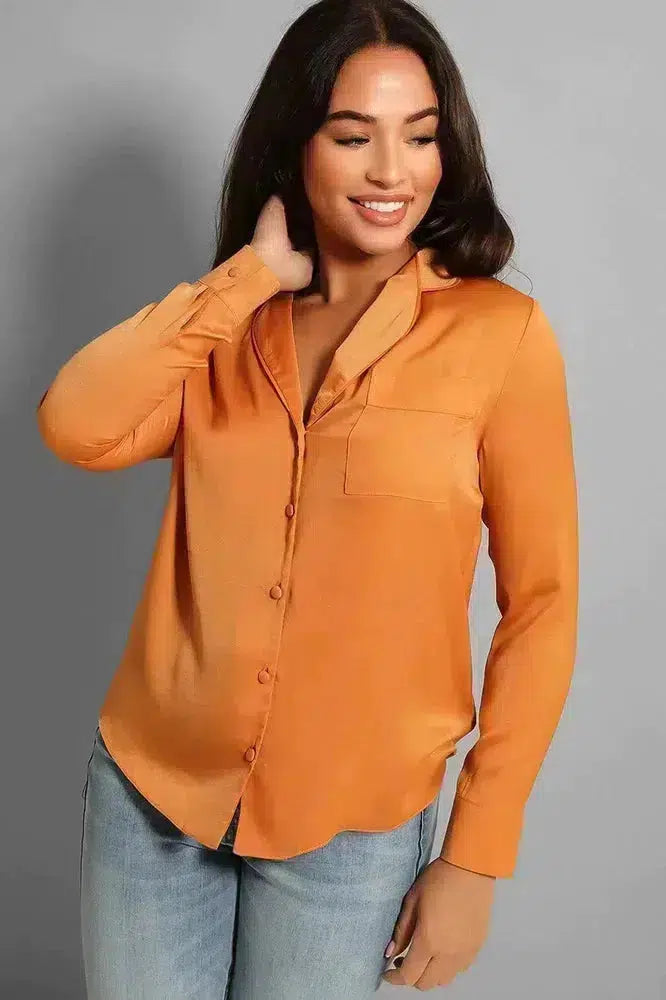 Burnt Orange Crepe Satin Pyjama Style Shirt-SinglePrice