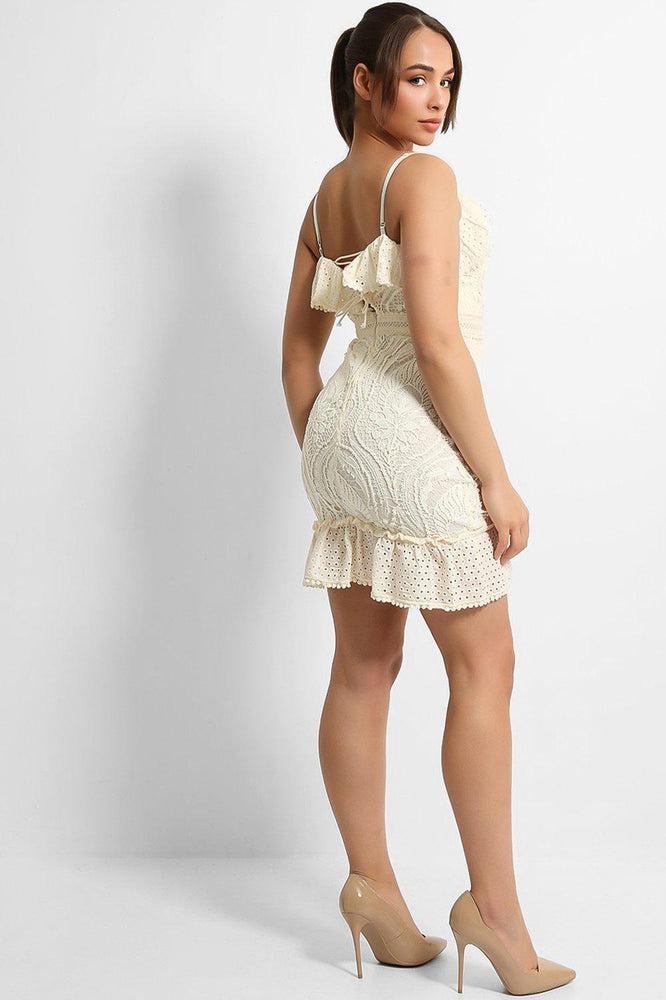 Beige Crochet Lace Frill Detail Cami Mini Dress-SinglePrice