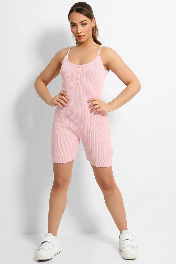Pink Soft Rib Knit Button Details Cami Romper-SinglePrice