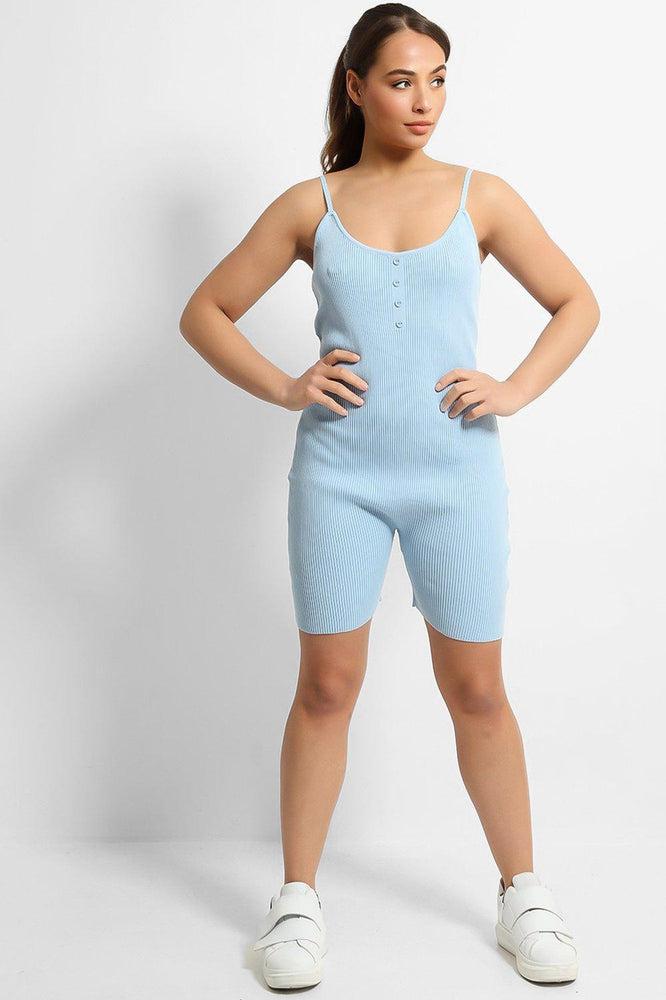 Blue Soft Rib Knit Button Details Cami Romper-SinglePrice