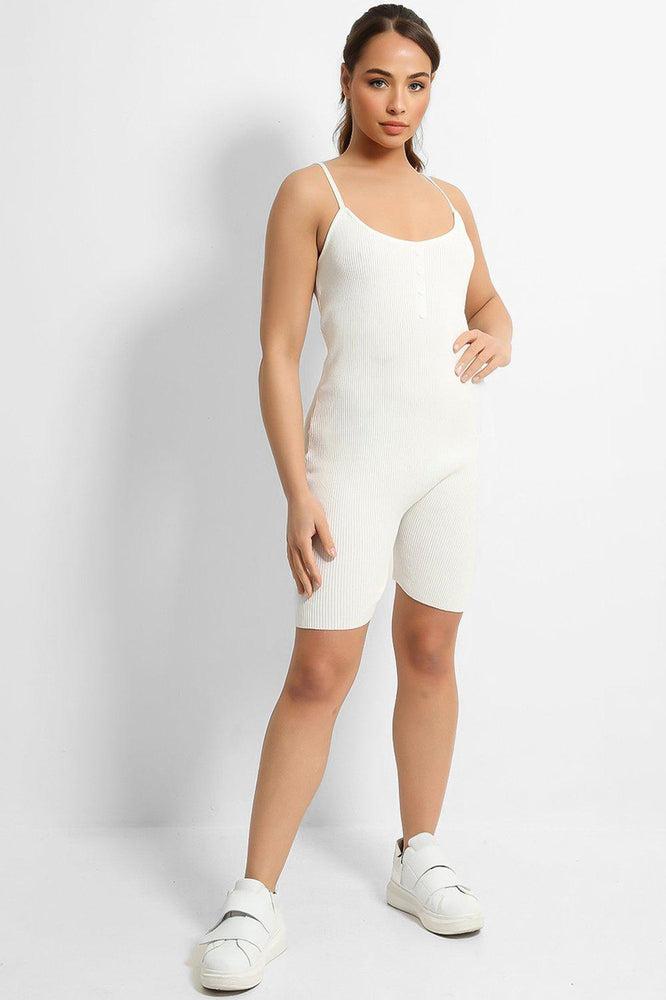 White Soft Rib Knit Button Details Cami Romper-SinglePrice