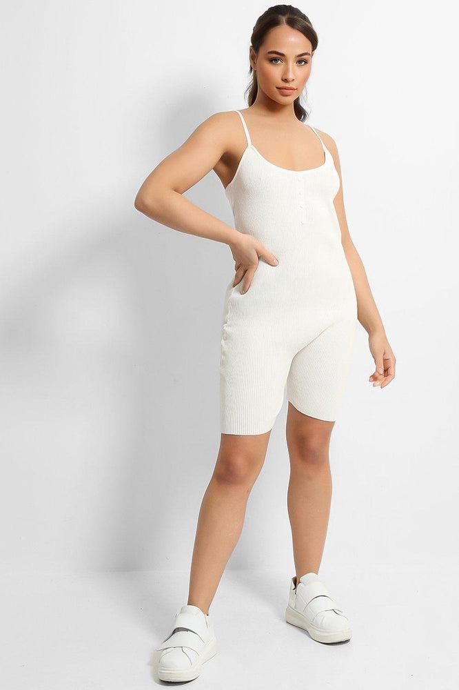 White Soft Rib Knit Button Details Cami Romper-SinglePrice