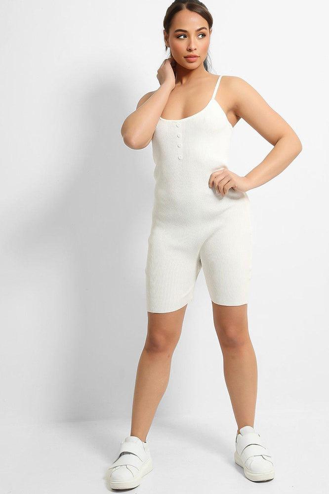 White Soft Rib Knit Button Details Cami Romper-SinglePrice