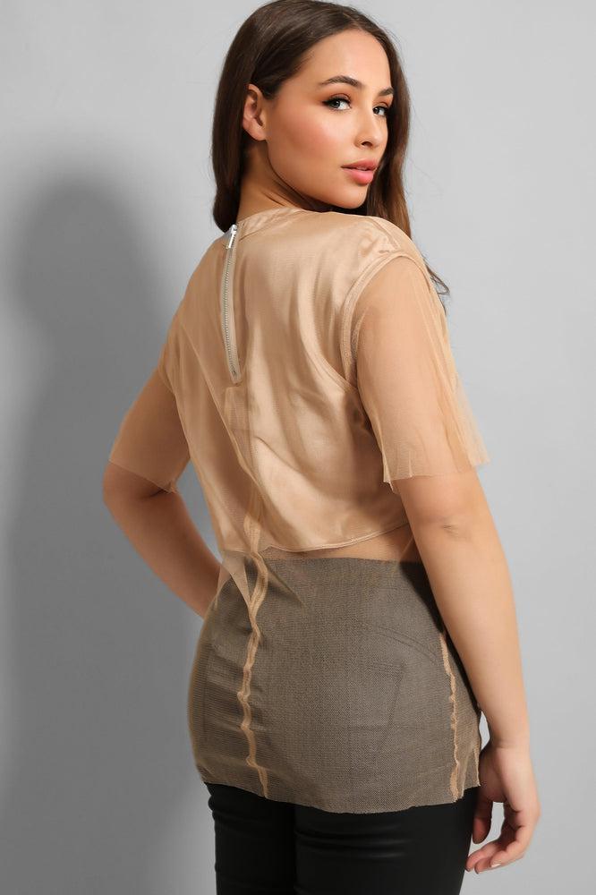Nude Mesh Net Overlay Cropped T-Shirt-SinglePrice