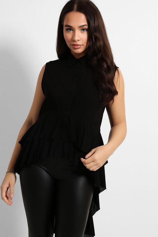 Black Layered Tail Hem Sleeveless Shirt-SinglePrice