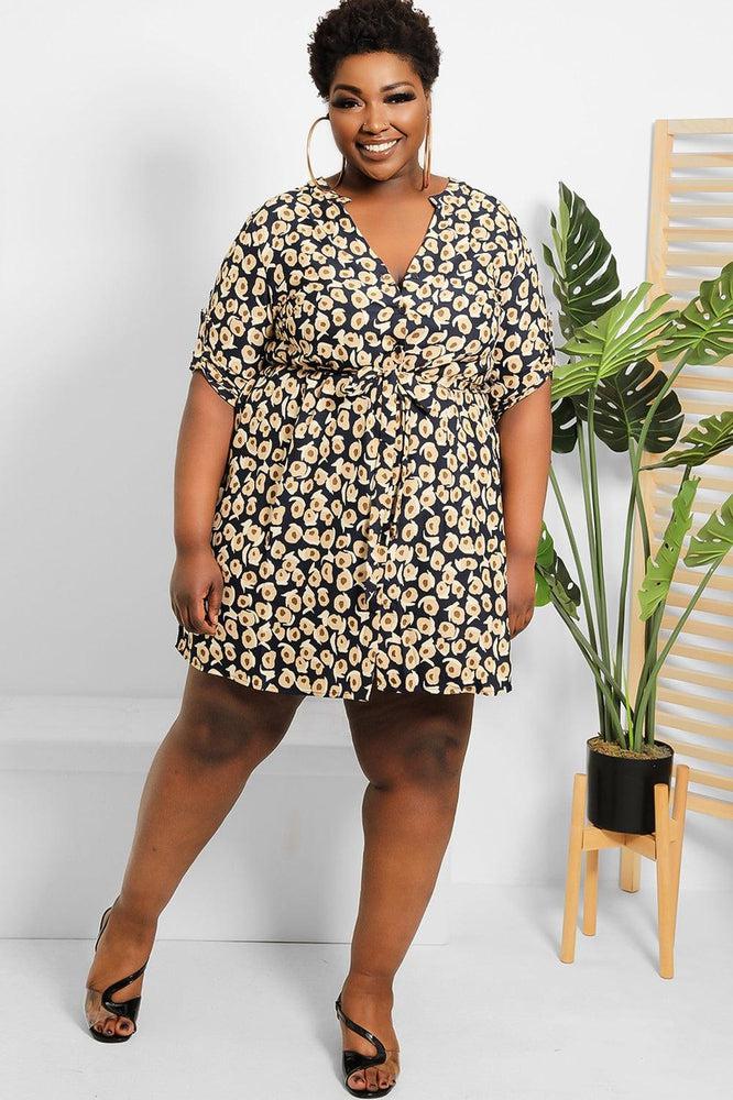 Navy Beige Spotted Print Shirt Dress-SinglePrice